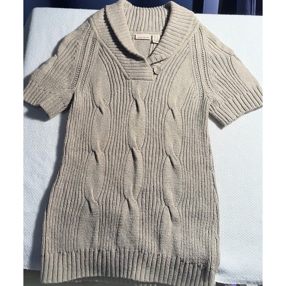 DKNY Jeans Oatmeal Cable Knit Short Sleeve Shawl Collar Sweater Tunic XL
